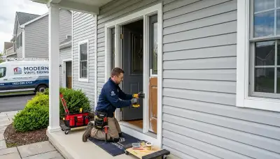 Technician repairing warped exterior door at Orlando FL home by Next Level Exteriors