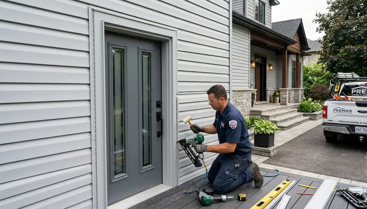 Technician repairing residential door frame and siding in Orlando, FL for Next Level Exteriors service page