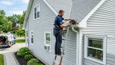 Technician cleaning home gutters near vinyl siding in Orlando FL for Next Level Exteriors service page