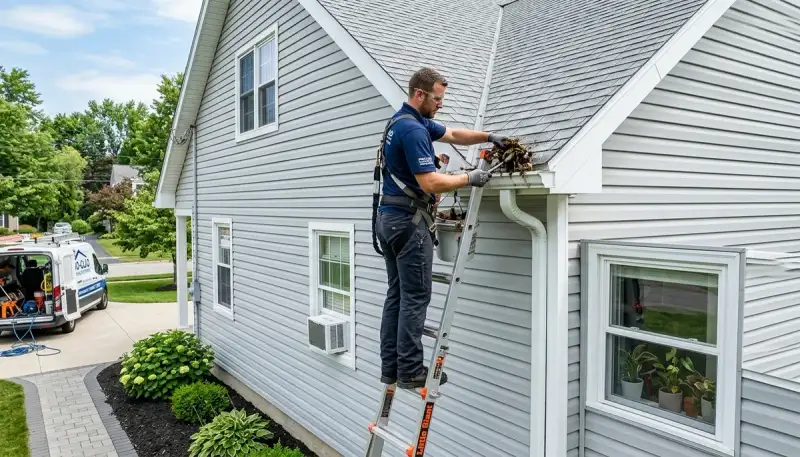 Technician cleaning home gutters near vinyl siding in Orlando FL for Next Level Exteriors service page