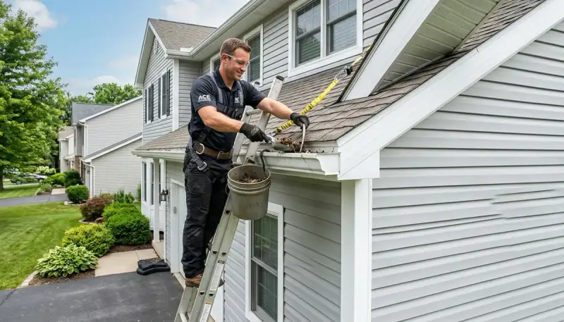 Technician cleaning home gutters in Orlando FL, expert exterior maintenance by Next Level Exteriors