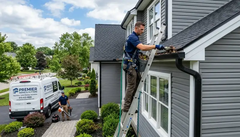 Technician cleaning residential gutters on vinyl siding home in Orlando FL