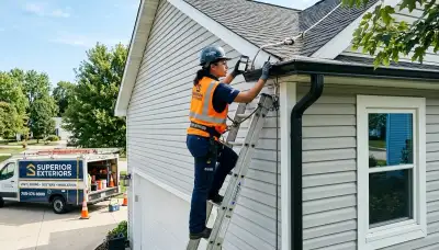 Technician performing vinyl siding and gutter inspection on Orlando FL home exterior