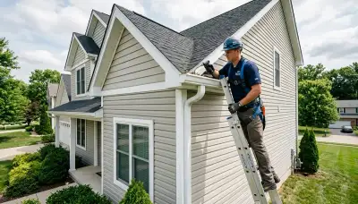 Technician performing gutter inspection on vinyl siding home in Orlando, FL