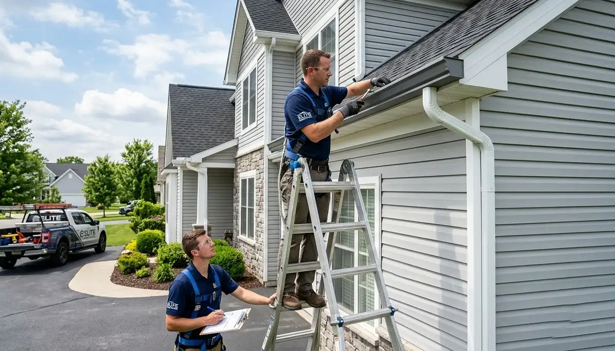 Technician performing professional gutter inspection on vinyl siding home in Orlando, FL