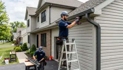 Technician repairing residential gutters and vinyl siding in Orlando, FL