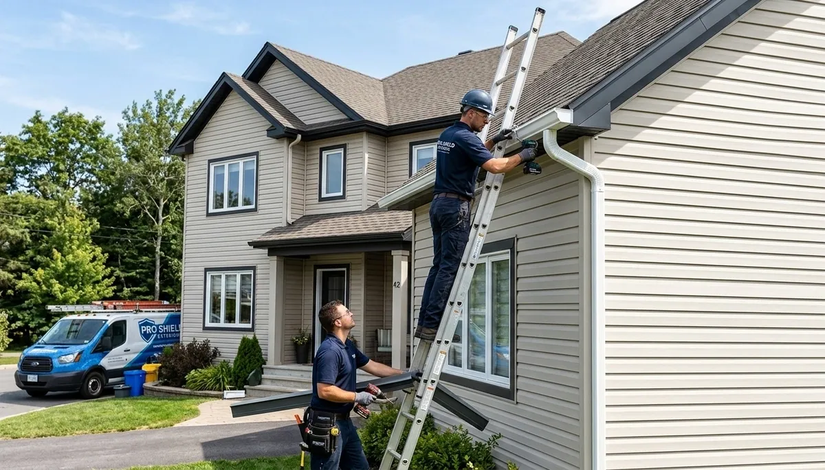 Technician repairing house gutters and vinyl siding in Orlando, FL for Next Level Exteriors