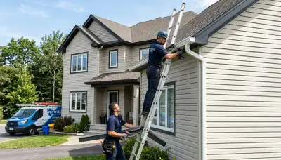 Technician repairing house gutters and vinyl siding in Orlando, FL for Next Level Exteriors