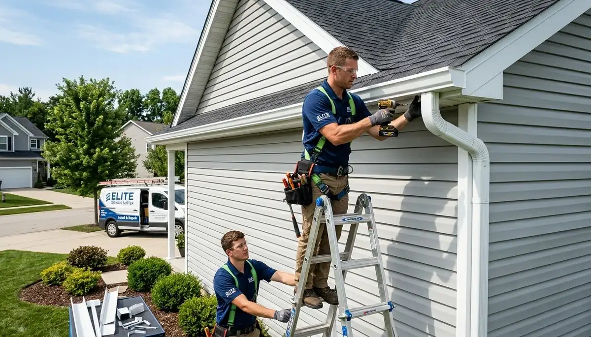 Technician repairing home gutters and vinyl siding in Orlando FL for Next Level Exteriors service page