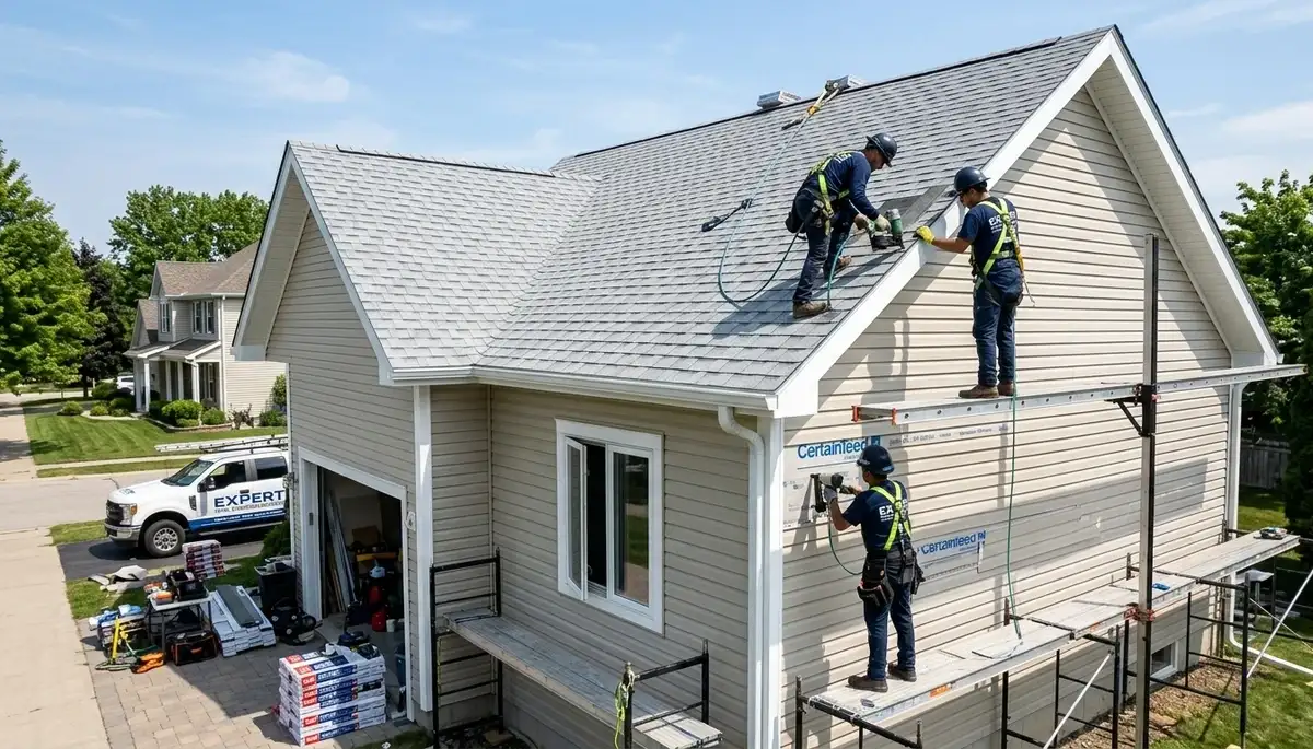 Professional roof installation contractors working on a home in Orlando, FL with durable vinyl siding