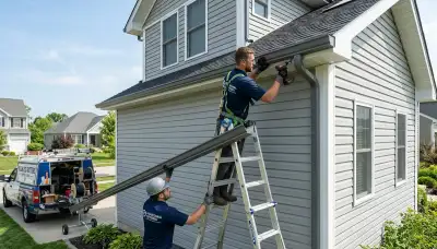 Technicians installing seamless vinyl gutters on Orlando FL home exterior by Next Level Exteriors