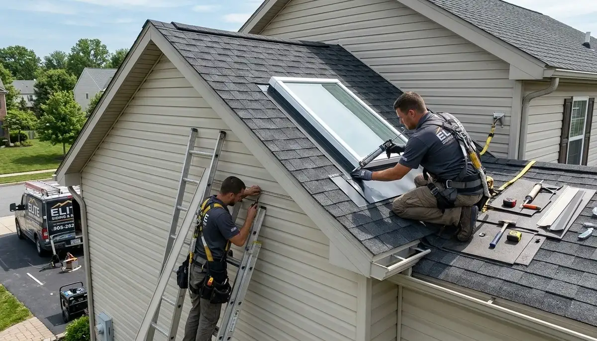 Technician repairing skylight on vinyl-sided home in Orlando, FL with Next Level Exteriors