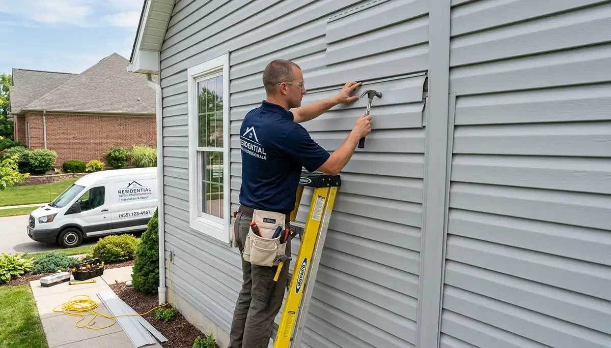 Technician repairing damaged vinyl siding on home exterior in Orlando, FL