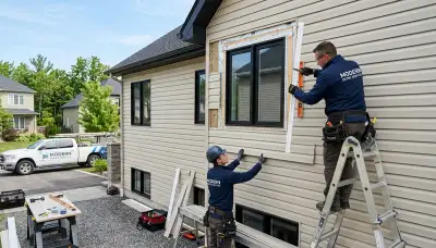 Vinyl siding and window repair specialists working on Orlando FL home exterior renovation