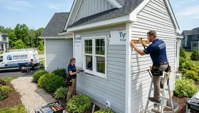 Technician repairing residential window with vinyl siding in Orlando, FL home exterior