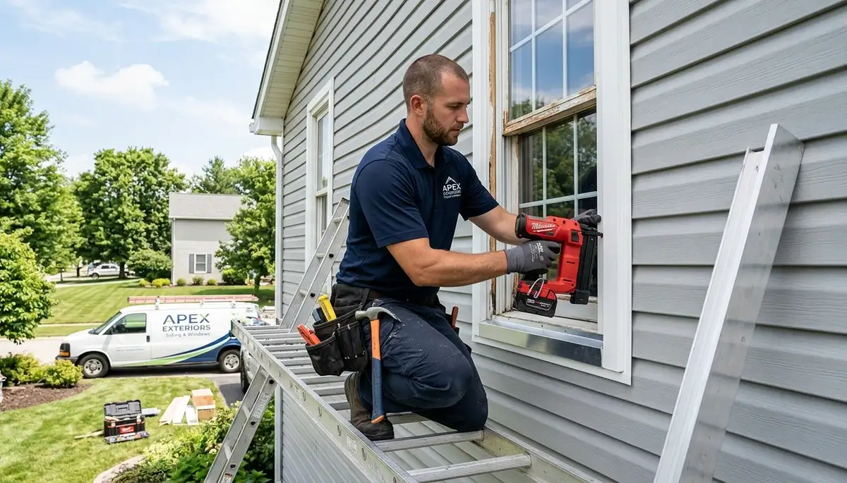 Technician repairing residential window frame near vinyl siding in Orlando, FL