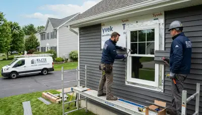 Technician installing energy-efficient window with vinyl siding in Orlando, FL home exterior